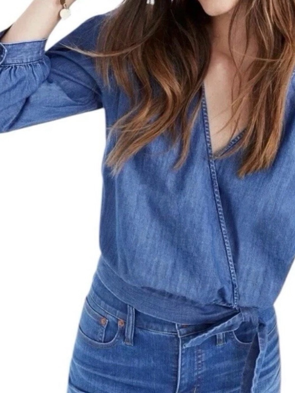 Madewell Women’s Blue Denim V Neck Side Tie Waist Wrap Crop ¾ Puff Slv. Top S